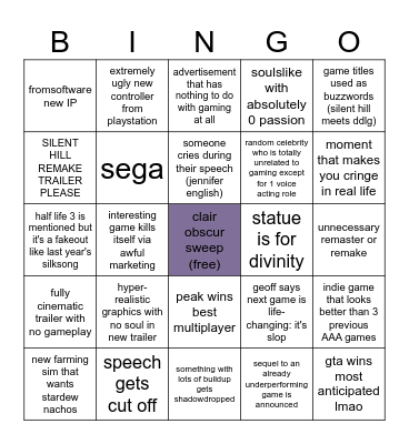 game awards Bingo Card