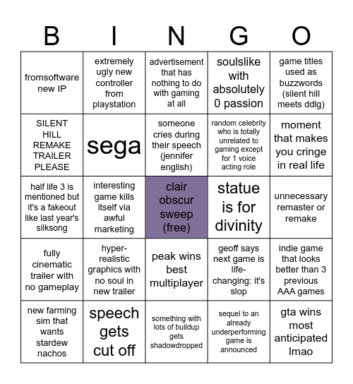 game awards Bingo Card