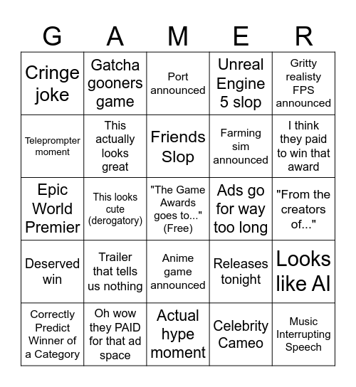 TGA Bingo Card