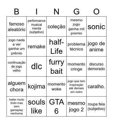 game awards Bingo Card
