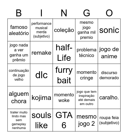 game awards Bingo Card