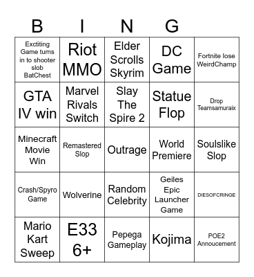 GameAwards Bingo Card