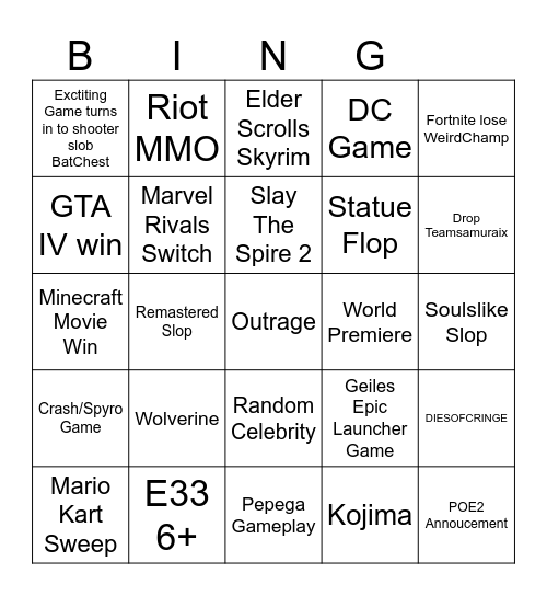 GameAwards Bingo Card
