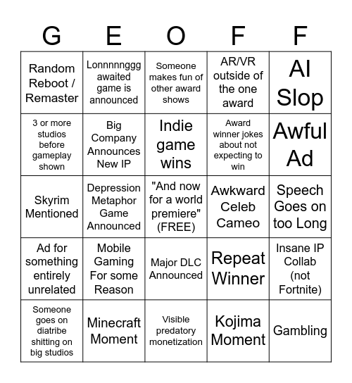 The Game Awards 2025 Bingo Card