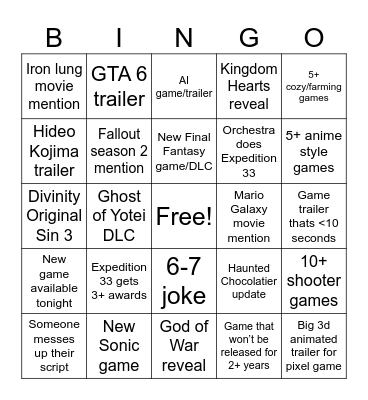 Game Awards 2025 Bingo Card