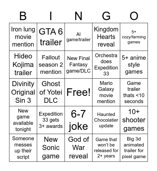 Game Awards 2025 Bingo Card