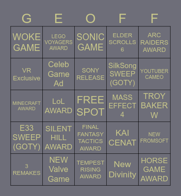 2025 Game Awards Bingo Card