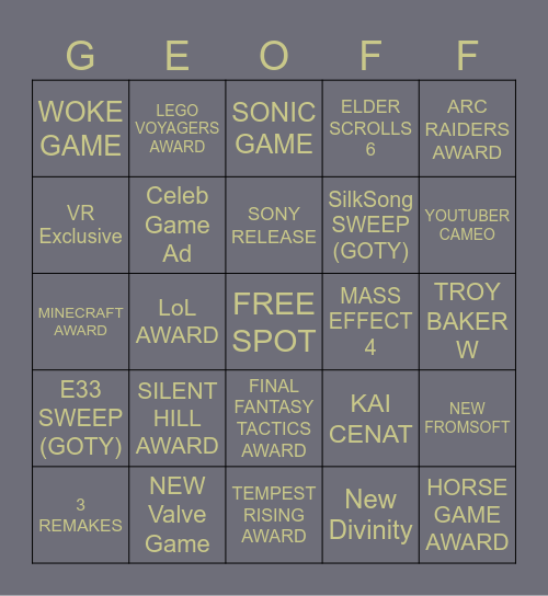 2025 Game Awards Bingo Card