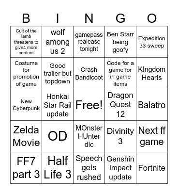 The Game Awards Bingo Card