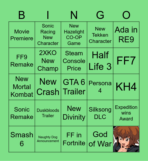 Game Awards 2025 Bingo Card