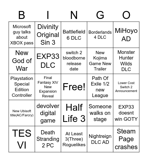 TGA Bingo Card