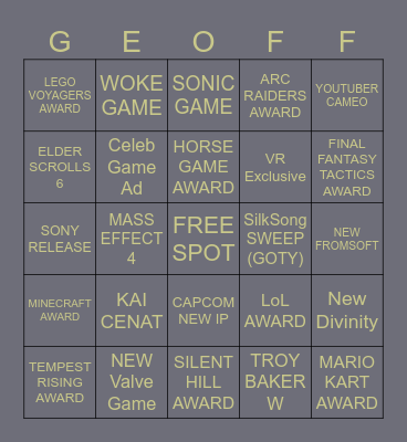 2025 Game Awards Bingo Card