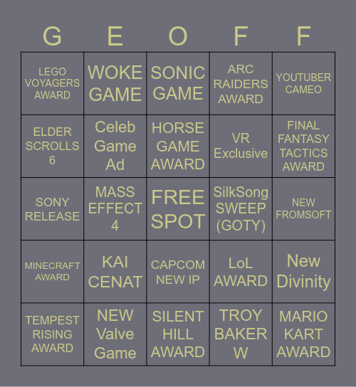 2025 Game Awards Bingo Card