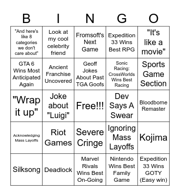Game Awards 2025 Bingo Card