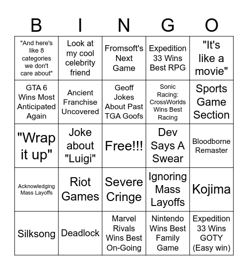 Game Awards 2025 Bingo Card