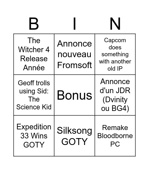 The Game Awards 2025 Bingo Card
