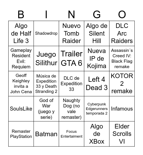 GOTY Predictions Bingo Card