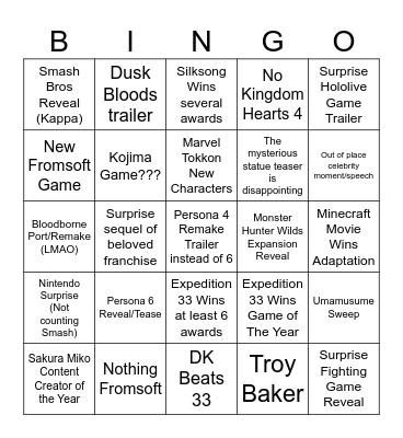 Game Awards 2025 Bingo Card