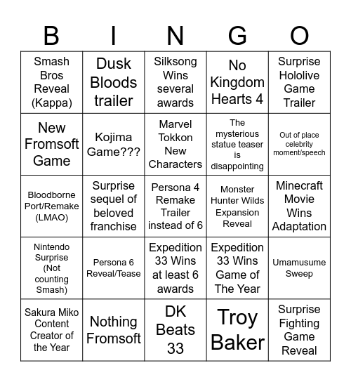 Game Awards 2025 Bingo Card