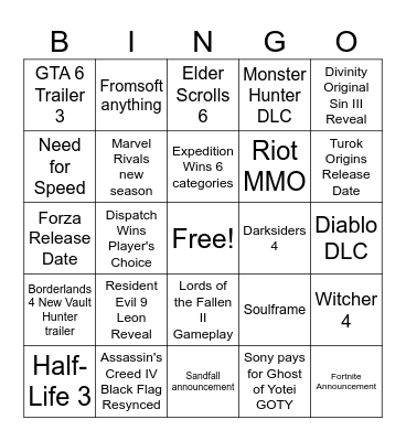 TGA 2025 Bingo Card