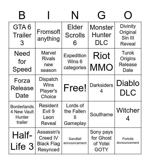 TGA 2025 Bingo Card