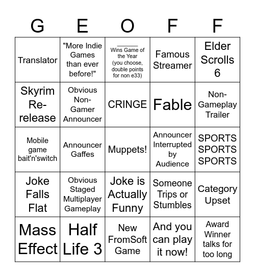Game Awards 2025 Bingo! Bingo Card