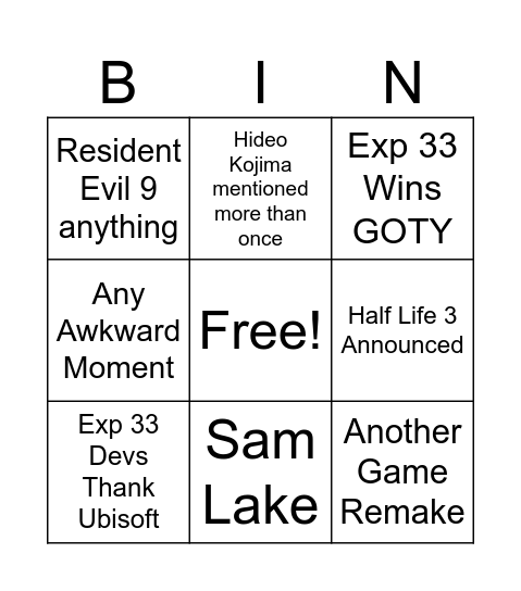 Game Awards Bingo Card