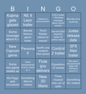 Game Awards 2025 Bingo Card