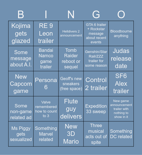 Game Awards 2025 Bingo Card