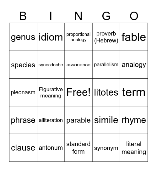 Analogies Bingo Card