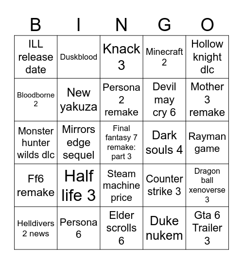 GAME AWARD Bingo Card