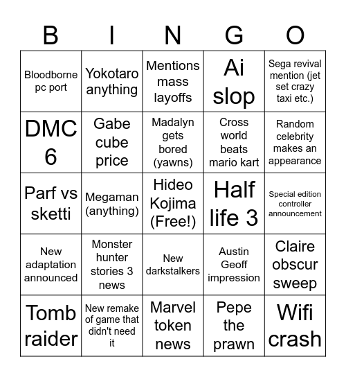 TGA Bingo Card