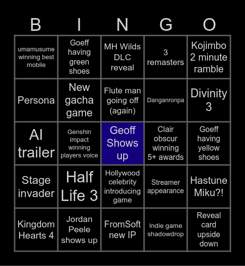 Game awards Bingo Card