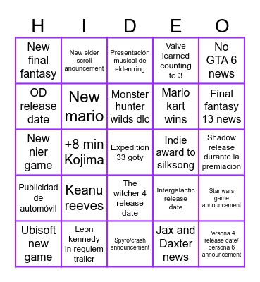 Bingo de los Game Awards Bingo Card