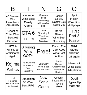TGA 2025 Bingo Card