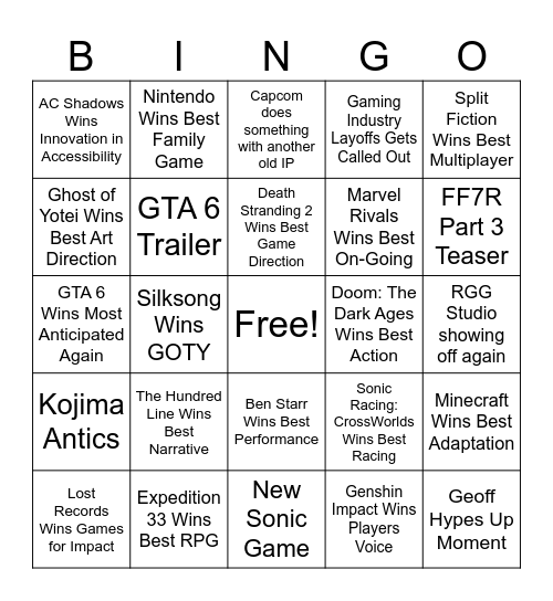 TGA 2025 Bingo Card