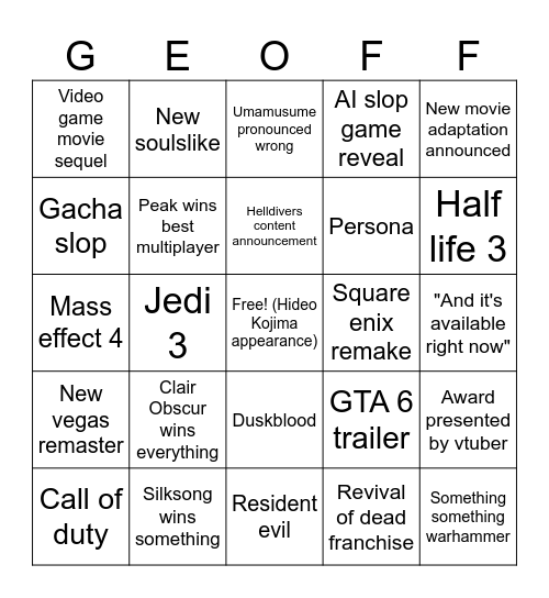 Game Awards 2025 Bingo Card