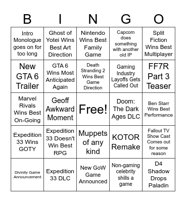 The Game Awards 2025 Bingo Card