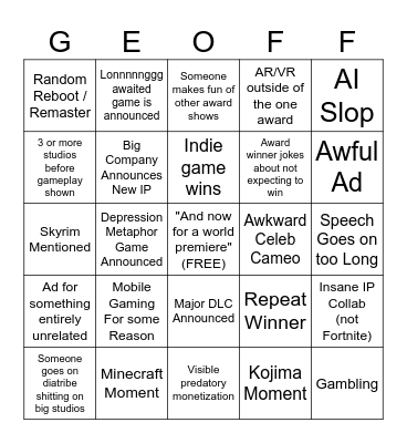 The Game Awards 2025 Bingo Card