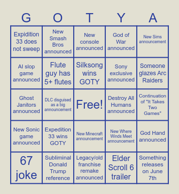 Game of The Year Awards BINGO Card