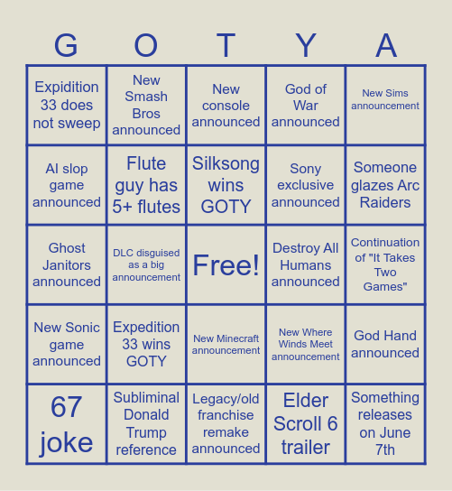 Game of The Year Awards BINGO Card