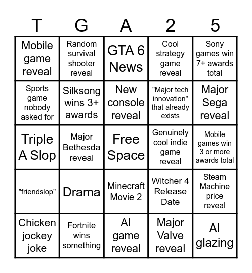 The Game Awards 2025 Bingo Card