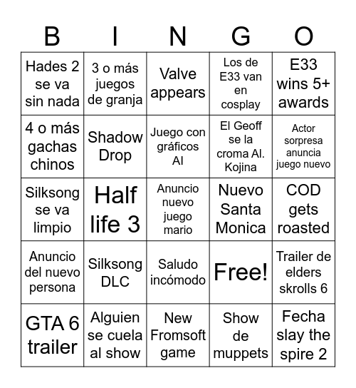 TGA Bingo Card