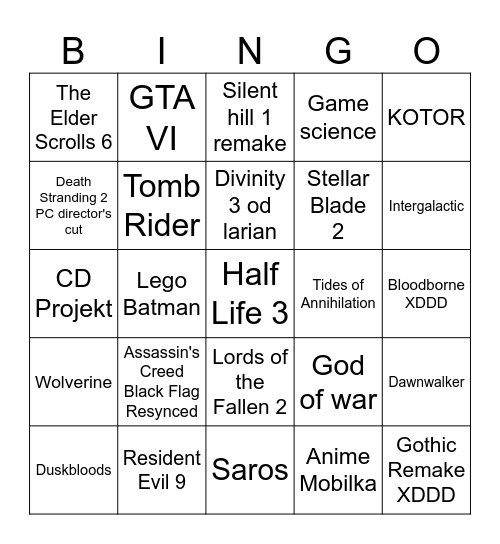 The Game Awards Bingo Card
