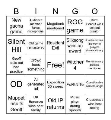 Game awards Bingo Card