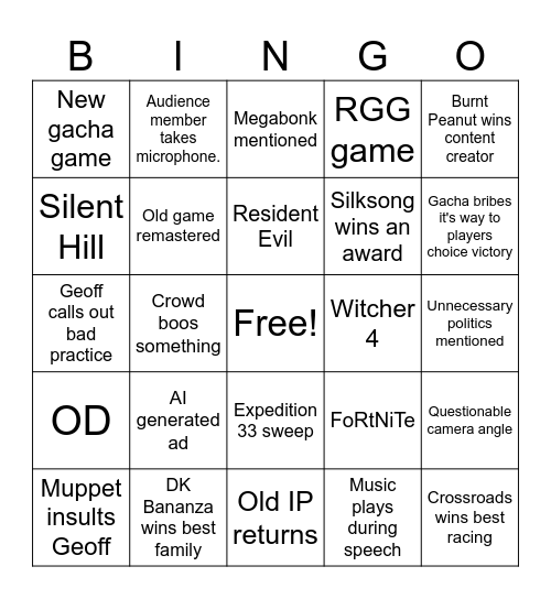Game awards Bingo Card