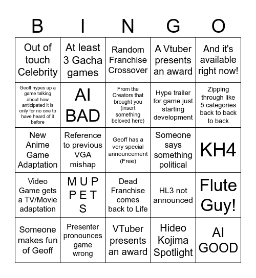 Game Awards 2025 Bingo Card