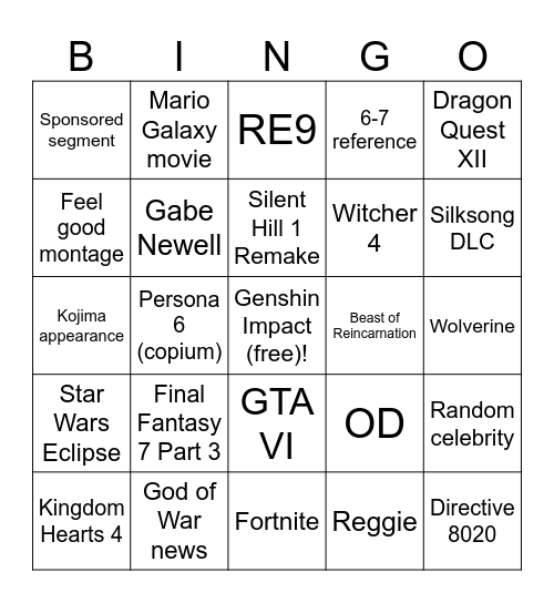 TGA 2025 Bingo Card