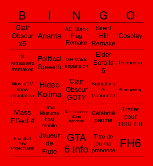 Game Awards Bingo Card