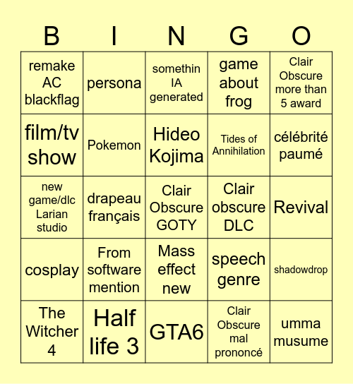 Game award Bingo Card